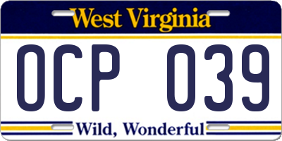 WV license plate OCP039