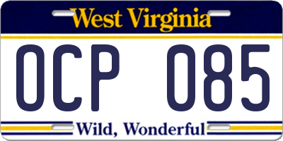 WV license plate OCP085