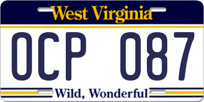 WV license plate OCP087