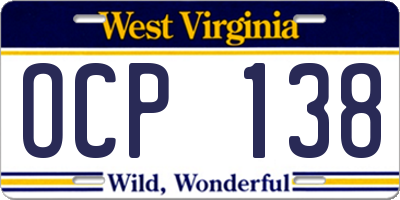WV license plate OCP138