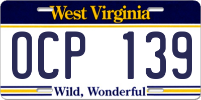 WV license plate OCP139