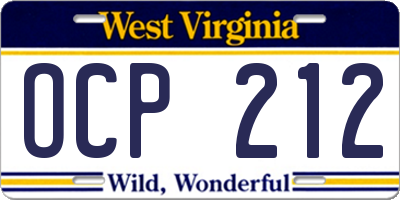 WV license plate OCP212