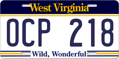 WV license plate OCP218