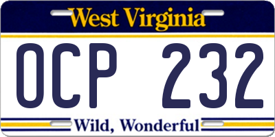 WV license plate OCP232