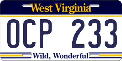 WV license plate OCP233