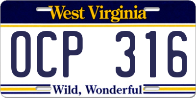 WV license plate OCP316