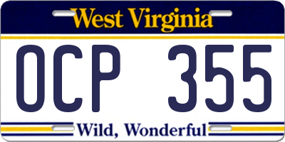 WV license plate OCP355
