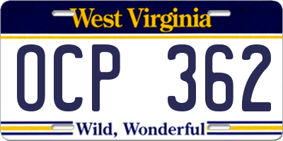 WV license plate OCP362