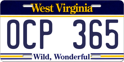 WV license plate OCP365