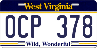 WV license plate OCP378