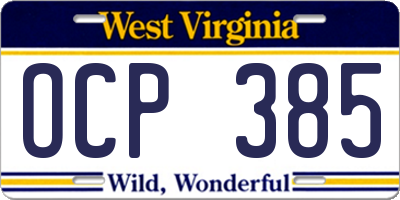 WV license plate OCP385