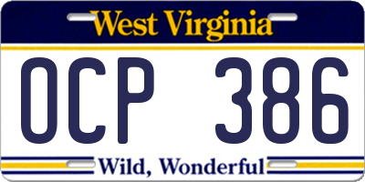WV license plate OCP386