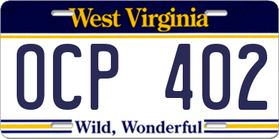 WV license plate OCP402