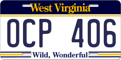 WV license plate OCP406