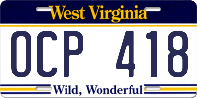 WV license plate OCP418