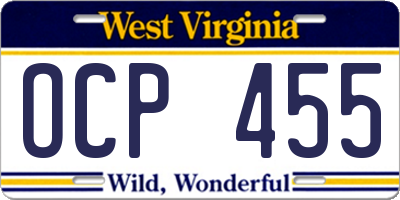 WV license plate OCP455