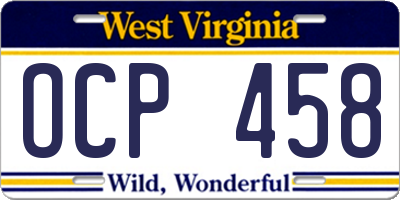 WV license plate OCP458