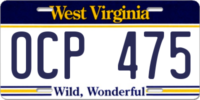 WV license plate OCP475