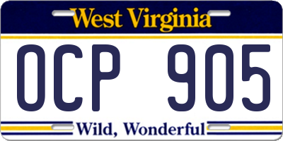 WV license plate OCP905