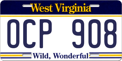 WV license plate OCP908