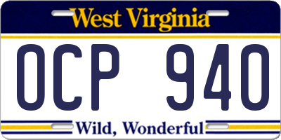 WV license plate OCP940