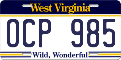 WV license plate OCP985