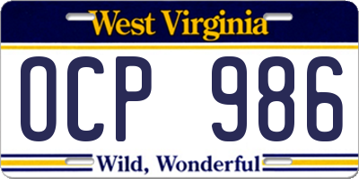 WV license plate OCP986