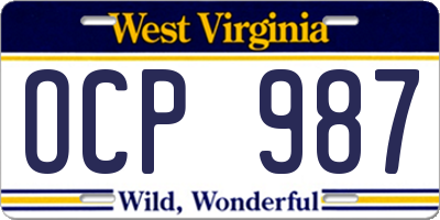 WV license plate OCP987