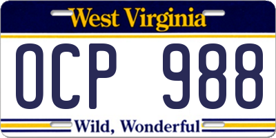 WV license plate OCP988