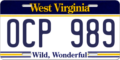 WV license plate OCP989