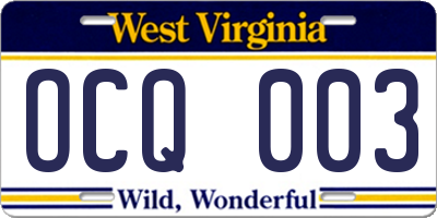 WV license plate OCQ003