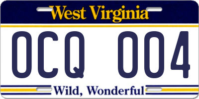 WV license plate OCQ004