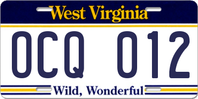 WV license plate OCQ012