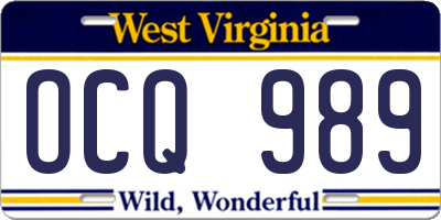 WV license plate OCQ989