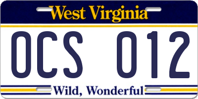 WV license plate OCS012