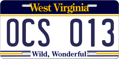 WV license plate OCS013