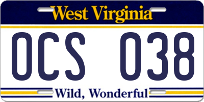 WV license plate OCS038