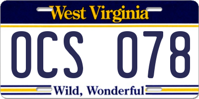 WV license plate OCS078