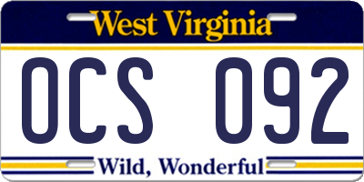 WV license plate OCS092