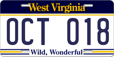 WV license plate OCT018