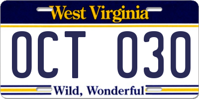 WV license plate OCT030