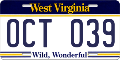 WV license plate OCT039