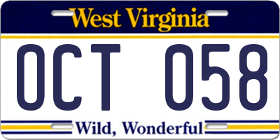 WV license plate OCT058
