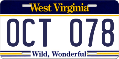 WV license plate OCT078