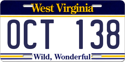 WV license plate OCT138