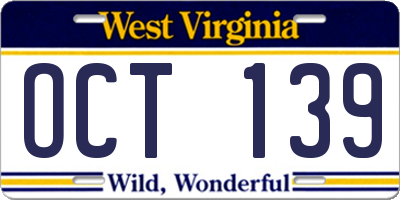 WV license plate OCT139