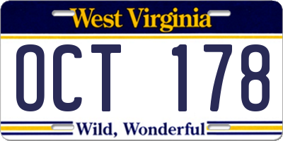 WV license plate OCT178