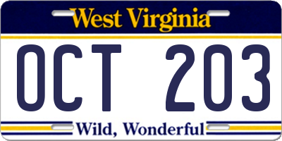 WV license plate OCT203