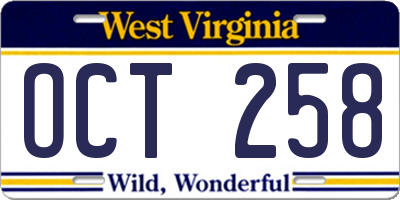 WV license plate OCT258