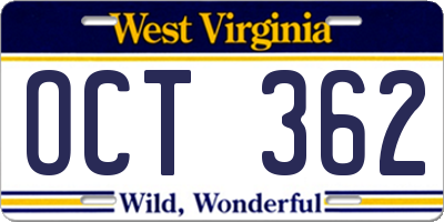 WV license plate OCT362